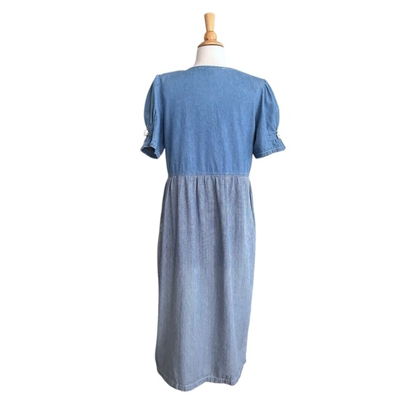 Vintage 90s TRULY YOURS Denim Pearl Button Up MIDI Dress Pockets White Rosettes - Picture 9 of 15